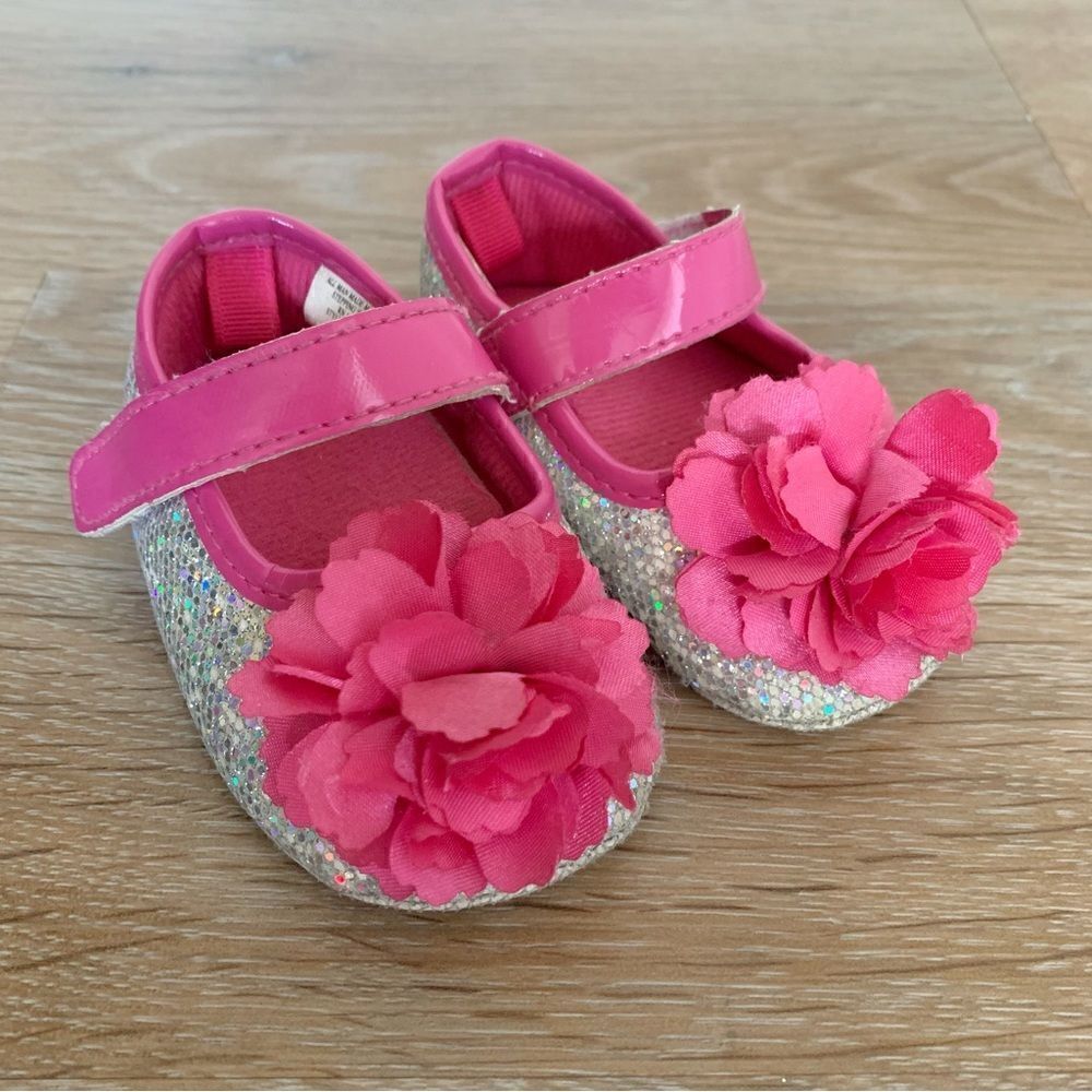 Stepping Stones 6-9 Months Baby Girl Pink Glitters Floral Flats